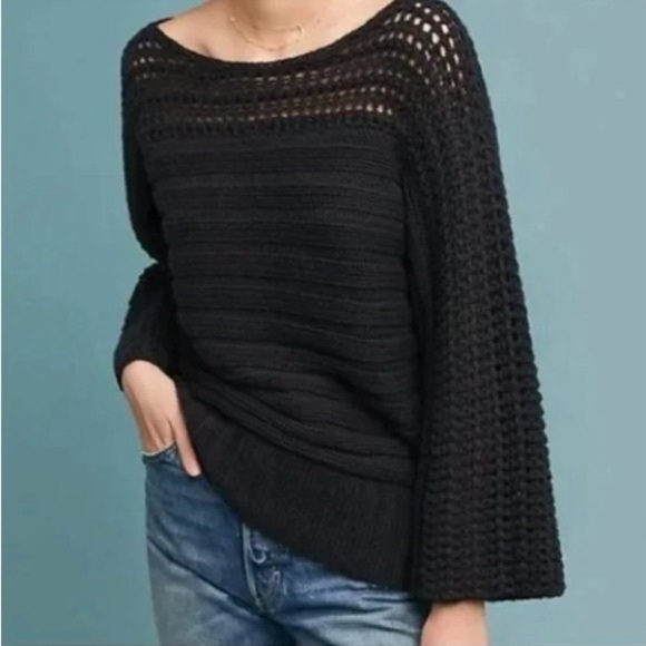 Anthropologie Moth Chatwin Bateau Black Open Knit Sweater XXS - Picture 2 of 11